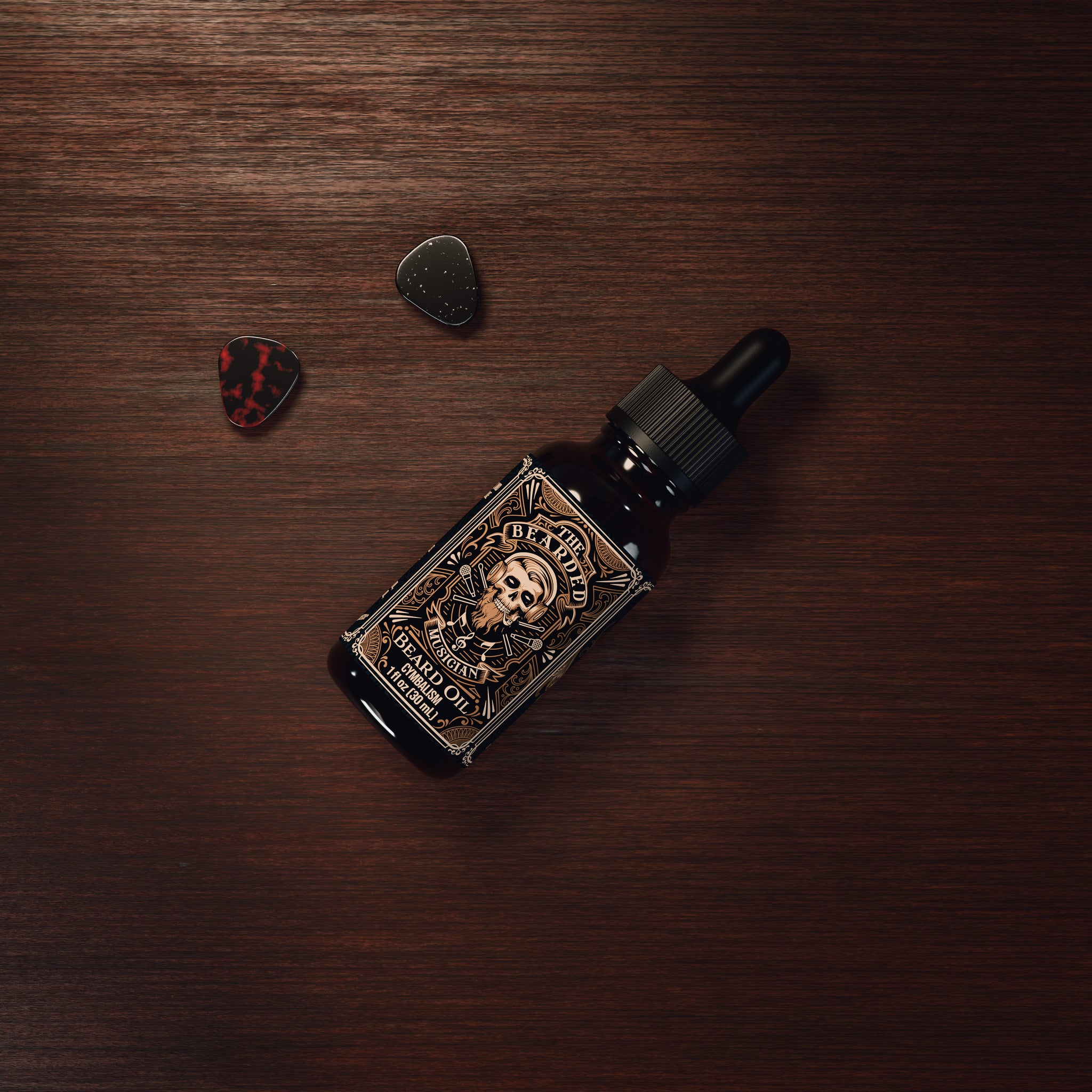 Bird's eye view of amber bottle with a black and brown label, beard oil for musicians.