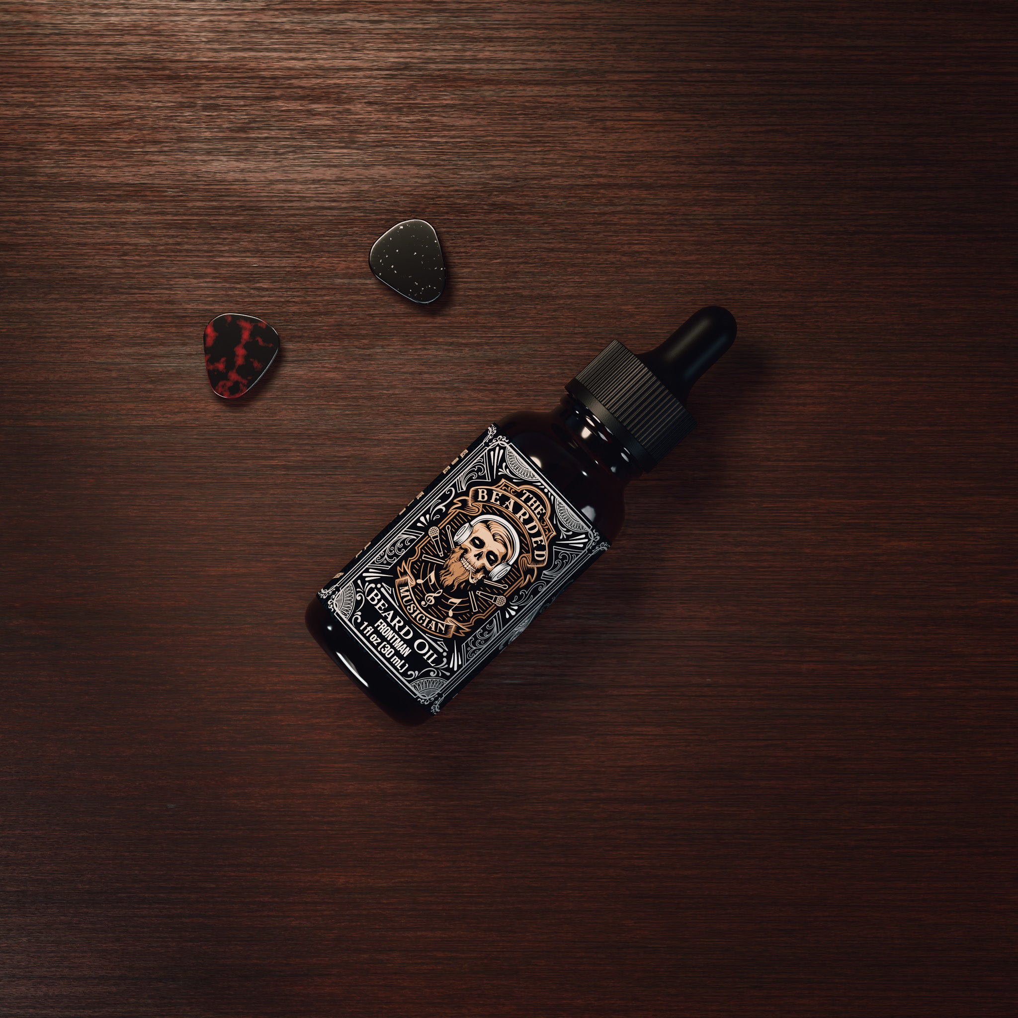 Bird's eye view of amber bottle with white and brown label, beard oil for musicians.