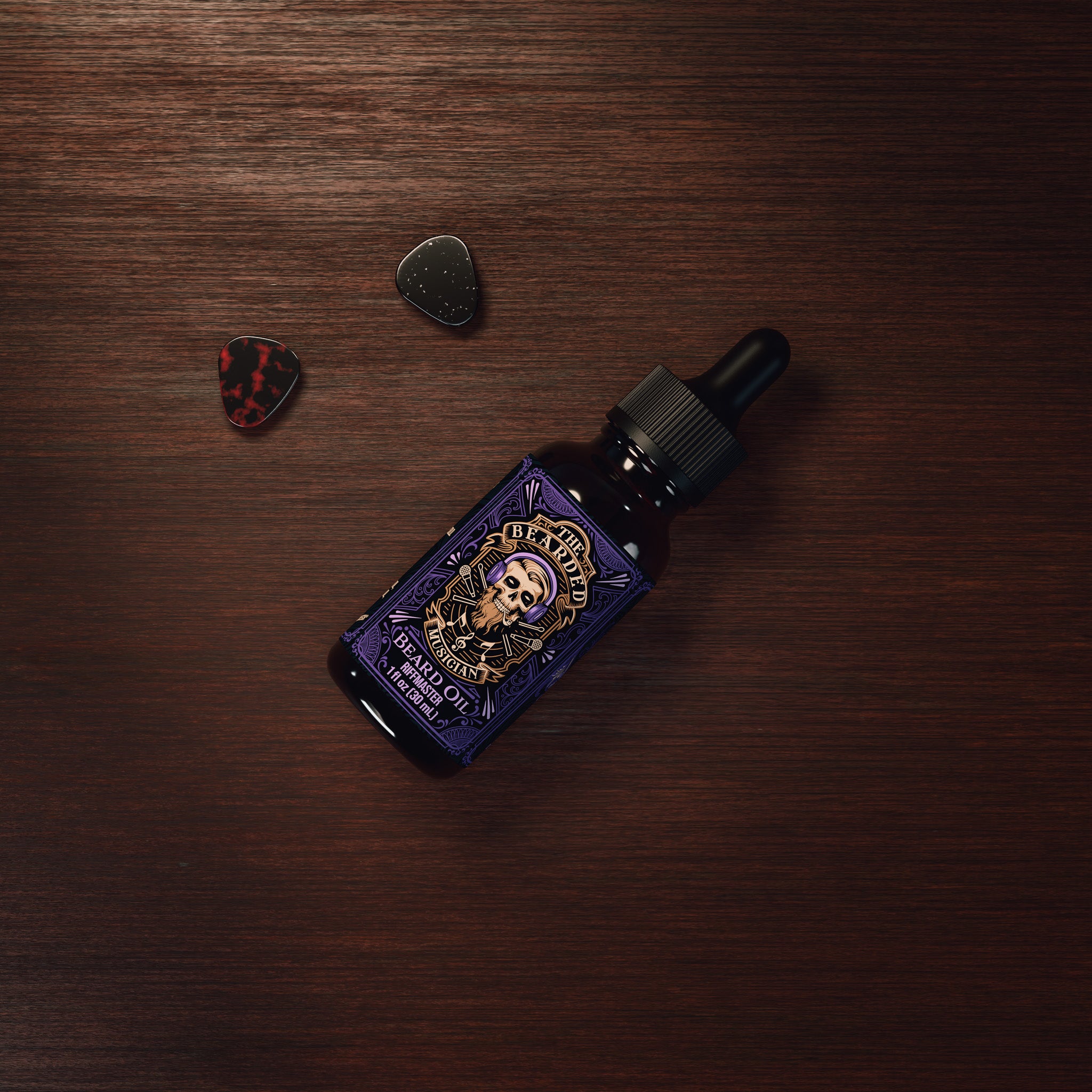 Bird's eye view of amber bottle with purple and brown label, beard oil for musicians.